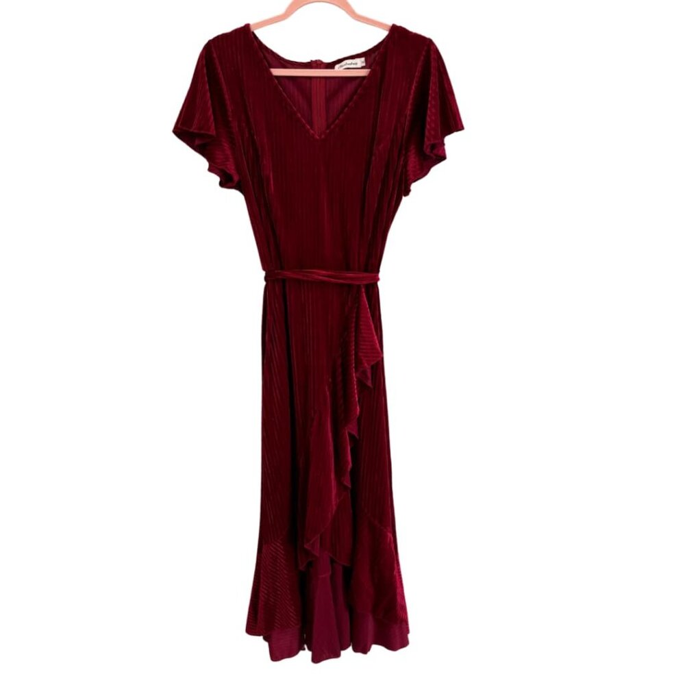 High-Low Velvet Dress in Burgundy with Self Tie Waist